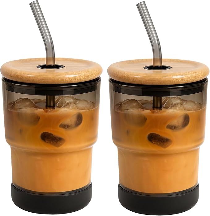 Zukro 13 oz/400ml Glass Cups with Bamboo Lid and Straw, Thick Wall Reusable Glass Tumbler for Iced Coffee, Tea, Matcha, Water Glasses for Home, Office, Non-Slip & BPA Free, Gray 2 Pack