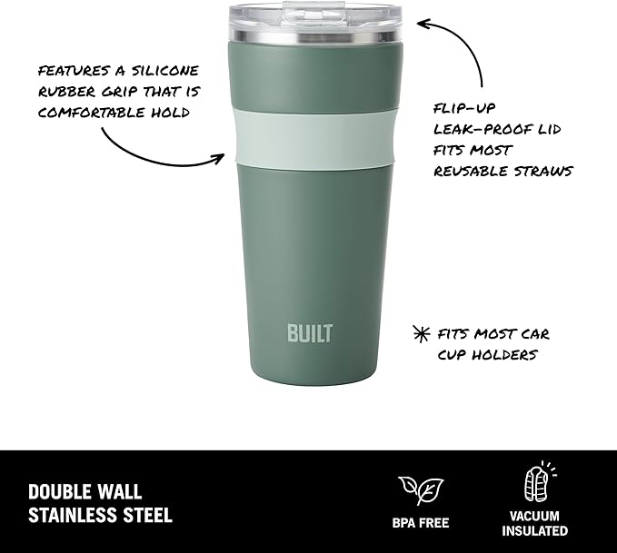BUILT 24 oz Stainless Steel Vacuum Insulated Tumbler - Sage Green Double Wall Travel Cup, Keeps Drinks Cold 24 Hours or Hot 8 Hours, Leak Proof Lid with Flip Straw, Silicone Grip