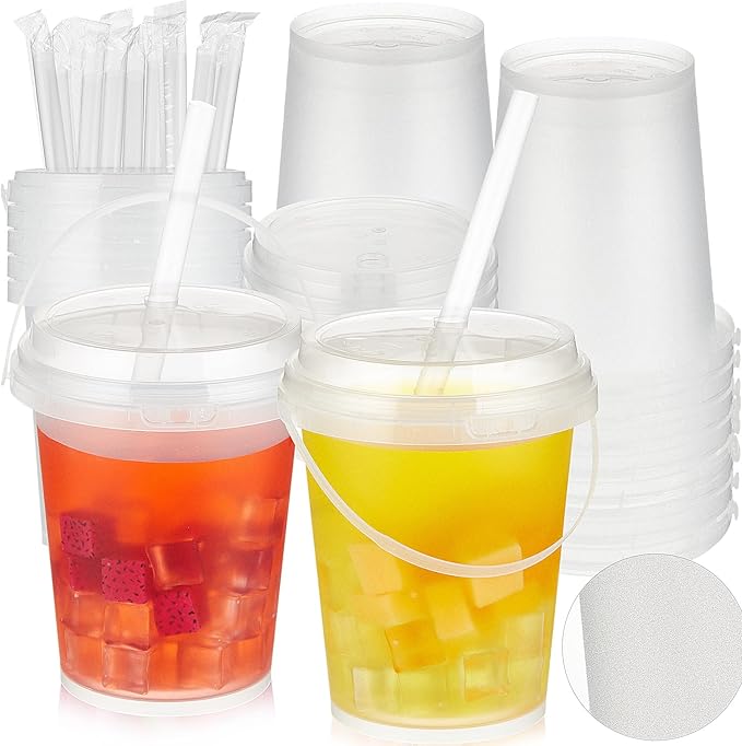 Funnymoom 30 Set 34oz Disposable Plastic Drink Buckets with Lids and Straws Frosted Iced Coffee Cups Rum Buckets for Cocktail Parties Smoothie Cup Bulk with Handles for Beach Pool Party Supplies