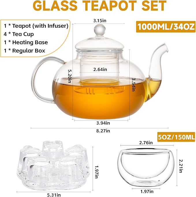 Glass Teapot Set, 34OZ/1000ML Glass Tea Kettle with Loose Tea Infuser & Warmer, 5OZ/150ML Double-Wall Tea Cup Set of 4, Stovetop & Microwave Safe Tea Maker, Blooming Tea Gift Set For Women