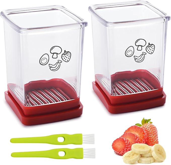 2 Pcs Strawberry Slicer | Fruit Slicer Cup, Strawberry Cutter with Push Plate, Speed Fruit Cutter for Banana Grape Egg, Must Have Kitchen Gadget (Red)