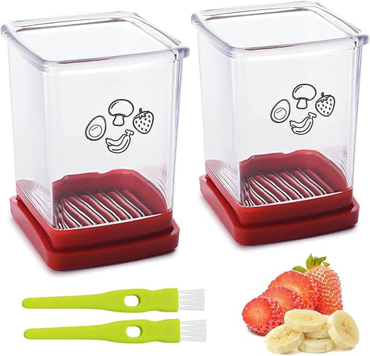 2 Pcs Strawberry Slicer | Fruit Slicer Cup, Strawberry Cutter with Push Plate, Speed Fruit Cutter for Banana Grape Egg, Must Have Kitchen Gadget (Red)