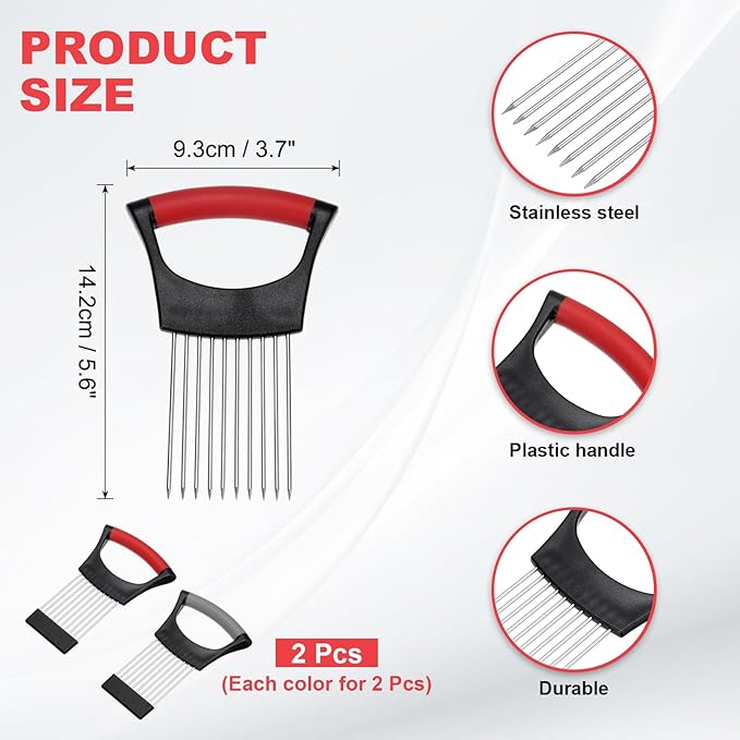 uxcell 2 Pcs Onion Slicer Holder, Stainless Steel Vegetable Cutting Holder Food Cutter Tool for Slicing Storing Onions Tomatoes Potatoes Avocados Apples, Black Red/Black Grey