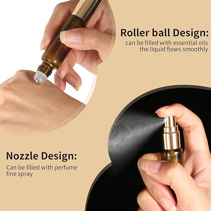 2-in-1 Refillable Perfume Bottle 10ml (2 Pack), Dual-Head Spray & Roller Design, Leakproof Travel Atomizer for Perfume, Cologne and Essential Oils