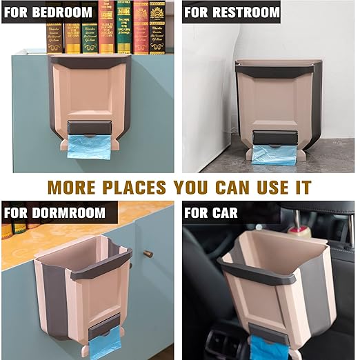 Hanging Kitchen Trash Can, Foldable Waste Bin for Kitchen, Collapsible Hang Small Plastic Garbage Can 2.4 Gallon for Cabinet/Car/Bedroom/Bathroom (Brown)