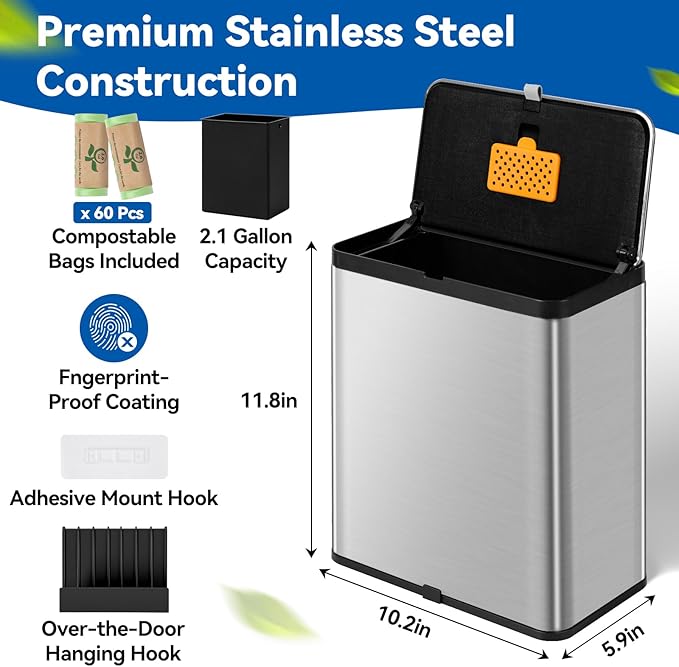 Kitchen Compost Bin with Lid, 2.1 Gallon Stainless Steel Trash Can for Countertop or Under Sink, Hanging Small Kitchen Trash Bin with Removable Inner Bucket, Charcoal Filter for Odor Control