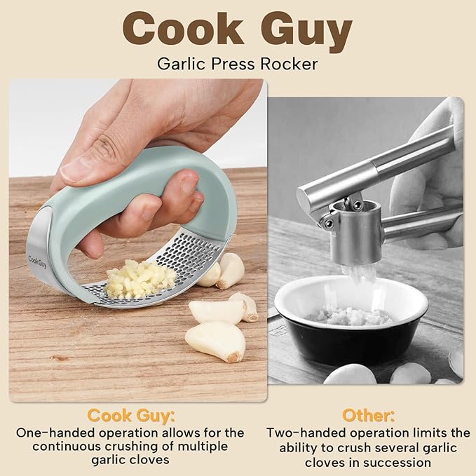 Cook Guy 304 Stainless Steel Garlic Press Rocker Set - Premium Garlic Mincer, Crusher, Peeler, and Scraper Tool for Effortless Mincing - Comfortable Grip Garlic Grinder (Green)