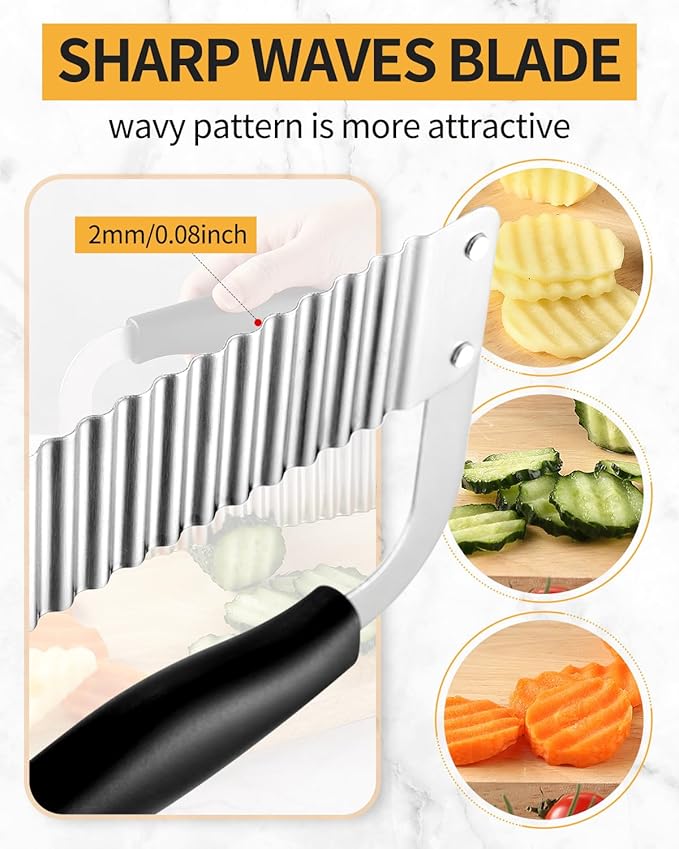 Crinkle Cutter Stainless Steel Potato Slicer Heavy Duty Wavy Crinkle Cutting Chopping Tools with Comfortable Handle for Carrot Veggies (2, Black)