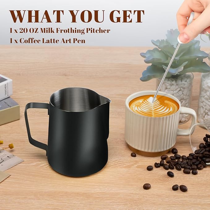 Amrules Milk Frothing Pitcher, 20oz Milk Frother Cup with Clear Scale, 304 Stainless Steel Cappuccino Espresso Machine Accessories for Barista Coffee Bar with Latte Art Pen, Black