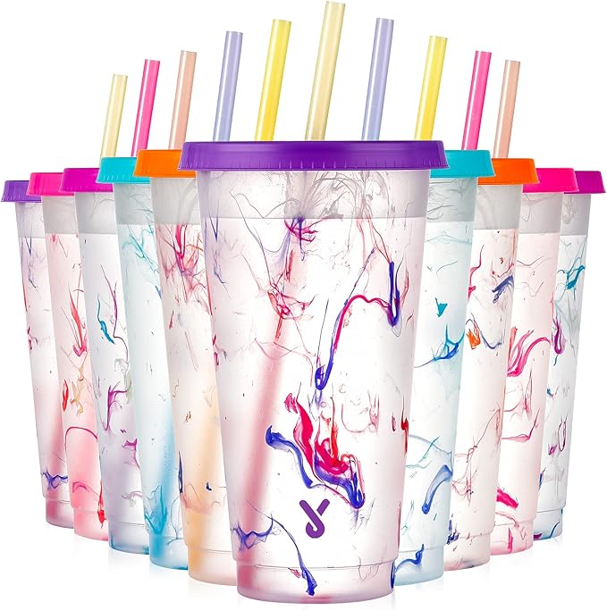 Meoky Color Changing Cold Cups with Lids and Straws - 10 Pack 24 oz Plastic Cute Tumblers Bulk, Reusable for Kids Women Party, Iced Coffee(Swirl)