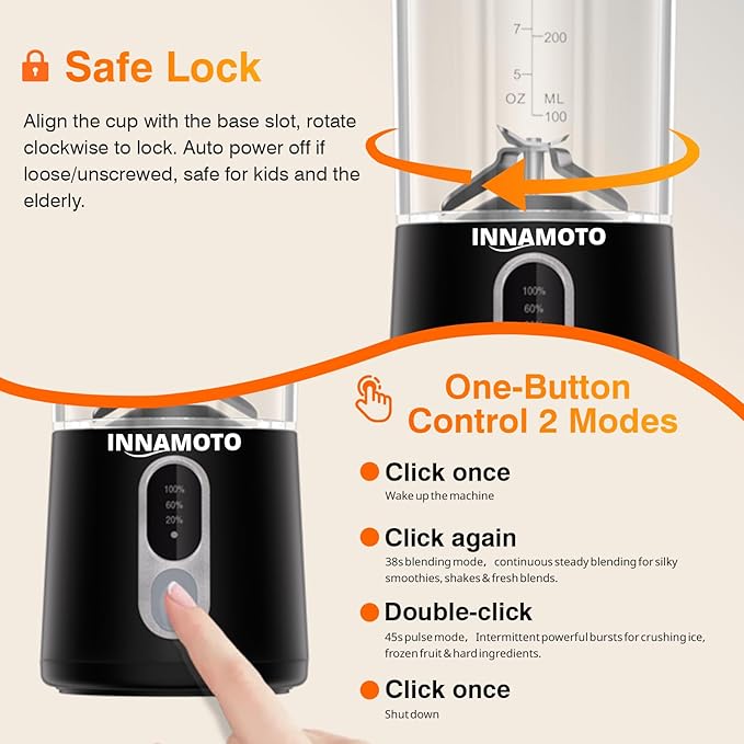 Portable Personal Size Blender for Smoothies - Cordless Mini Blender With Powerful Blending, 20oz BPA-Free Juice Cup With Leak-proof Travel Lid, Type-C Rechargeable, Freshly Squeezed in Gym/Picnic