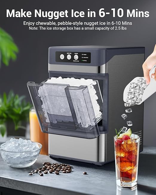 Nugget Ice Maker Countertop – 44 lbs/Day Pebble Ice Machine with 0.8 Gal Water Tank, 6-10 Mins Fast Ice, Self-Cleaning, Portable for Home, Camping, Kitchen, RV