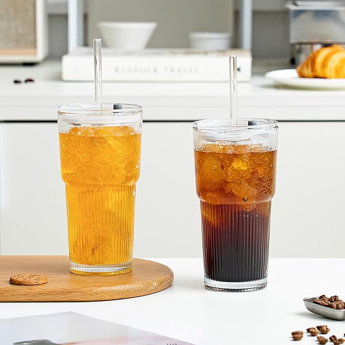 20oz Glass Tumblers with Lids and Straws, Set of 4 - Stylish Ribbed Design Drinking Glasses for Iced Coffee Cups, Juice, Smoothies, Cold Beverages, Includes Cleaning Brush, Durable Glassware