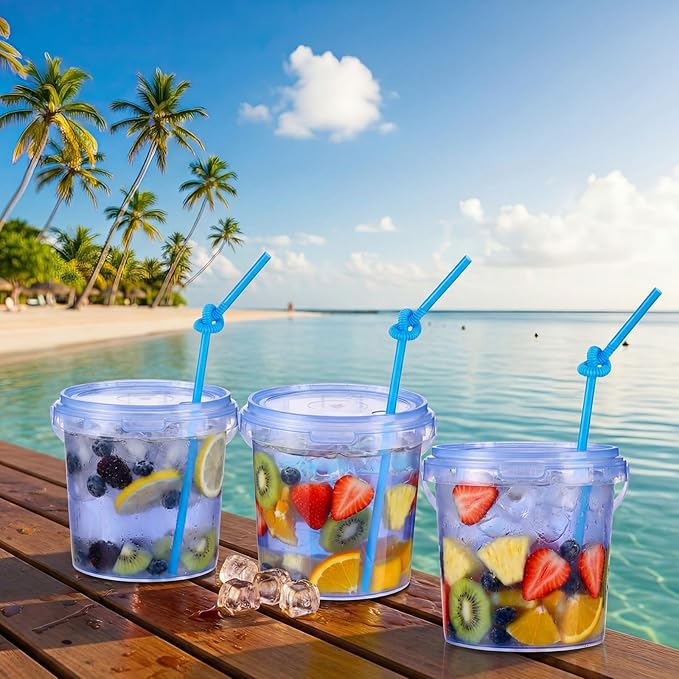 Funnymoom 24 Pack 32 oz Plastic Rum Buckets for Drinks with Straws Ice Cream Cocktail Bucket with Lids and Handles Reusable Food Containers Cup for Parties Summer Beach Bar Beer (Blue)