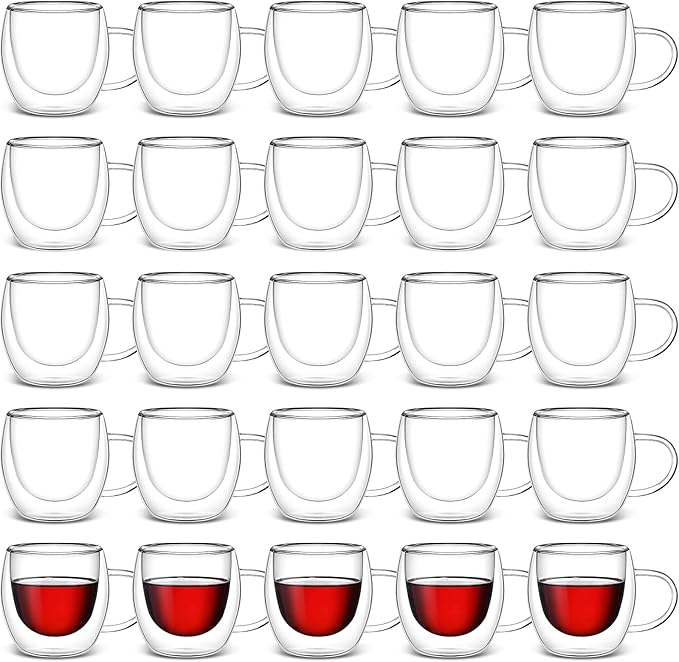 Gerrii Espresso Cups Double Walled Espresso Shot Glass with Handle Cups Insulated Clear Small Shot Glasses for Cappuccino Latte Hot Beverage (2.5 oz,Round Bottom,25 Pcs)