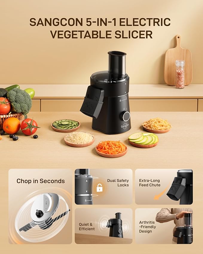 Sangcon Electric Cheese Grater for Block Cheese, 5-in-1 Automatic Salad Shooter & Vegetable Slicer with 5 Stainless Steel Blades, One-Touch Electric Grater for Cheese, Vegetables, Fruits & Nuts