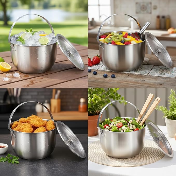 Ice Bucket with Lid, Scoop and Tongs, Champagne Buckets, Wine Chillers, Beverage Tub with Handles, Ideal for Parties, Bar, Pool, Beach and Home, Indoor＆Outdoor Use, Large Capacity, Silver