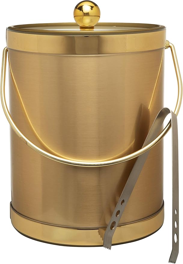 Made In USA Metallic Deco Collection Double Walled Insulated Ice Bucket With Ice Tongs (5-Quart, Gold)