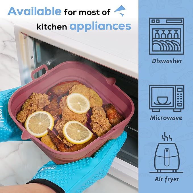 [2 Pack] Silicone Air Fryer Liners Square - Reusable Airfryer Basket - Easy to Clean Air Fryers Pot for 5.8 to 8 Qt Large Air Fryer Baking Tray Oven Accessories, 8.5 Inch