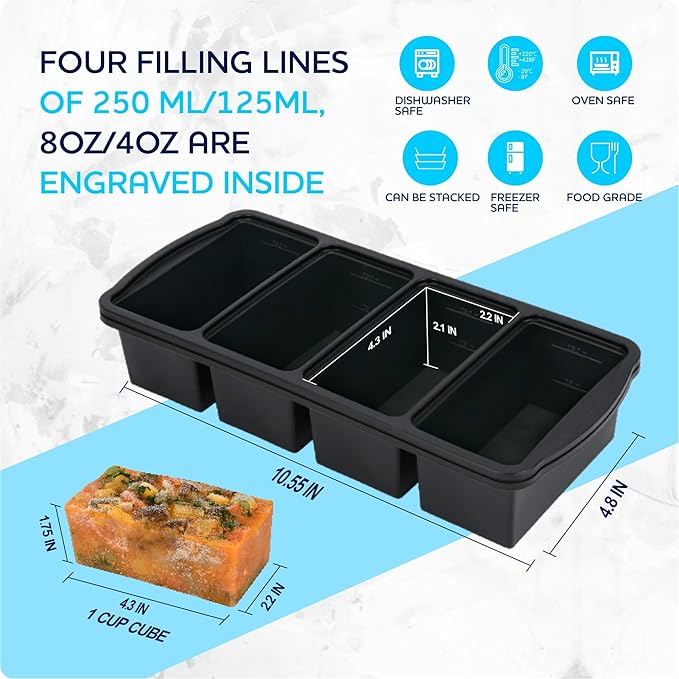 ZIP STANDING Silicone Freezer Trays with Lid,1-cup Soup Freezer Container large Ice Cube Molds with Reinforced Steel Ring Top for freezing Soup Sauce Broth Leftovers oven Dishwasher -Safe(2-Pack)
