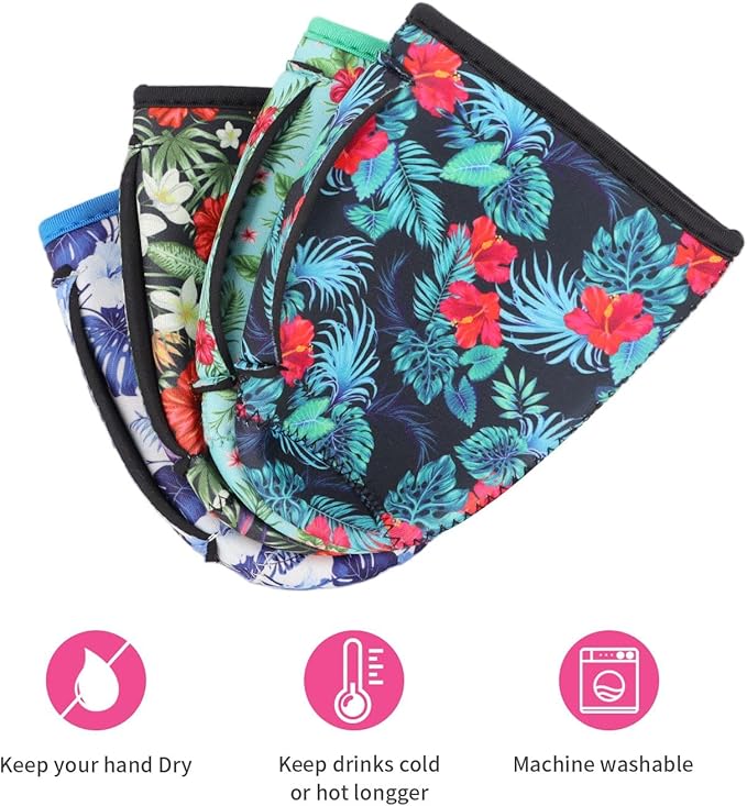 4Pack Reusable Iced Coffee Sleeve Insulator Sleeves for Cold Drinks Beverages, Neoprene Cup Holder for Most Coffee, Fits 22-24oz Medium Cups (Tropical Flower)