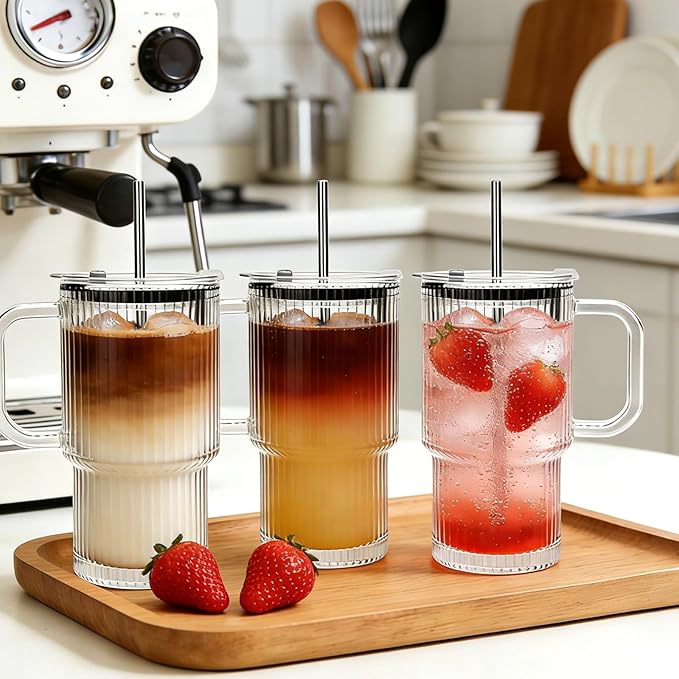 Accguan 6Pack 20oz Ribbed Glass Tumbler with Straw and Lid,Glass Cup with Handle,Reusable lced Coffee Cups with lids-Glass Cups with Lids for Smoothie,Coffee,Juice,Tea,Travel Mug,Cold & Hot Beverages