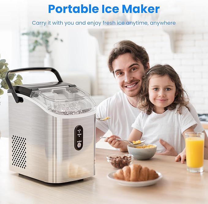 Antarctic Star Nugget Ice Makers Countertop, Portable Ice Maker Machine with Self-Cleaning, 35lbs/24H, Crushed Ice Machine with Handle & Scoop for Home, Kitchen, Office and Camping(Stainless Steel)