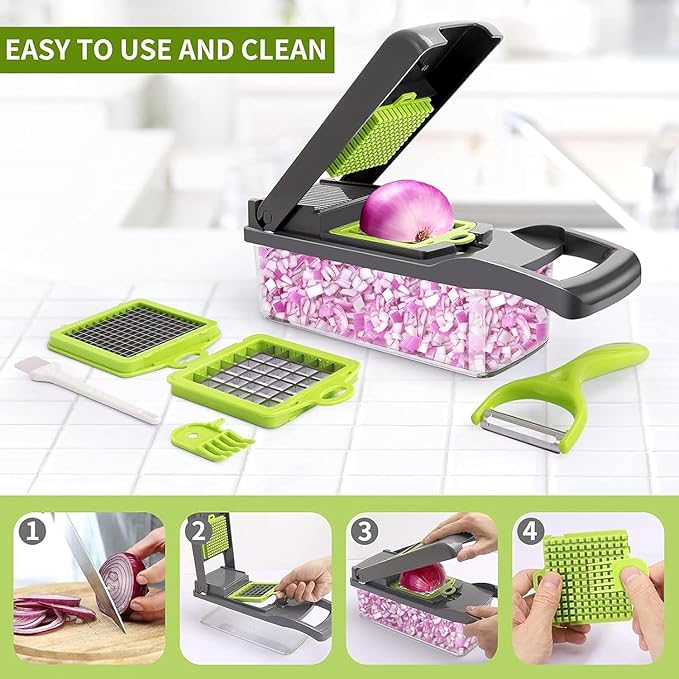 15 in 1 Vegetable Chopper and Food Chopper with Container, Onion Vegetable Slicer Cutter Dicer, Veggie Cutter with 7 Blades for Carrot Salad Garlic Potato (Old Design)