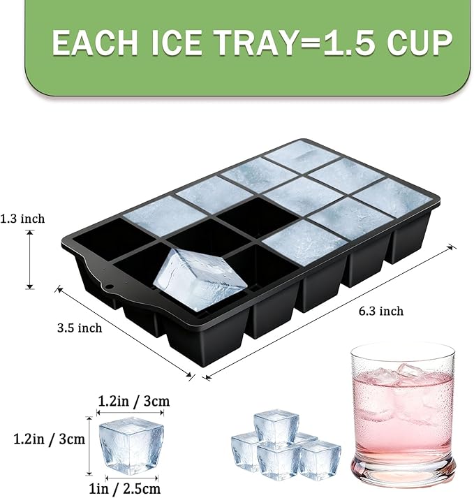 Ice Cube Trays for Freezer, 2 Pack Easy Release Slicone Ice Cube Tray with Lid, BPA Free Stackable Flexible Ice Molds 15 Square Reusable Ice Cubes for Whiskey, Baby Food, Iced Coffee (Black)