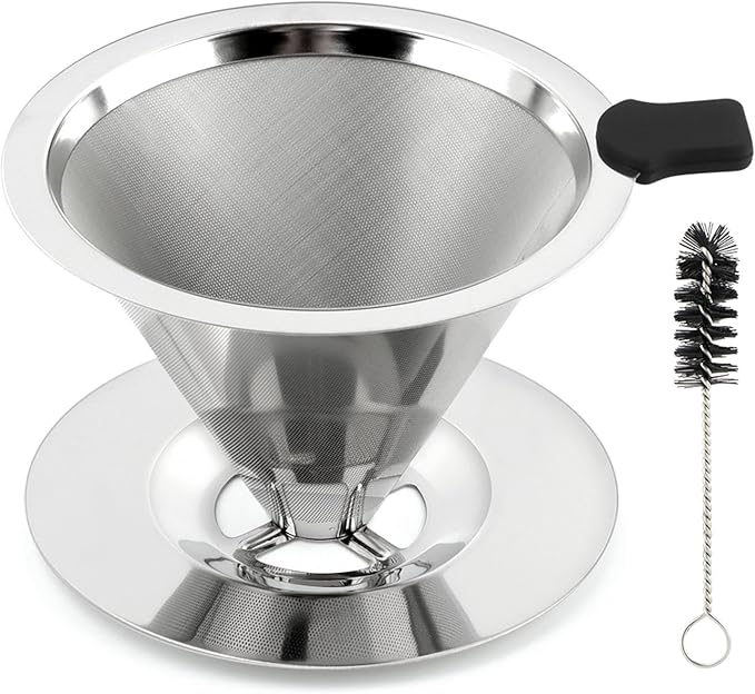 Pour Over Coffee Dripper, Stainless Steel Cone Coffee Filter with Base, Dual-Layer Fine Mesh Coffe Filter, Paperless Reusable Cone Coffee' Maker Dripper with Cleaning Brush(SIZE:S)