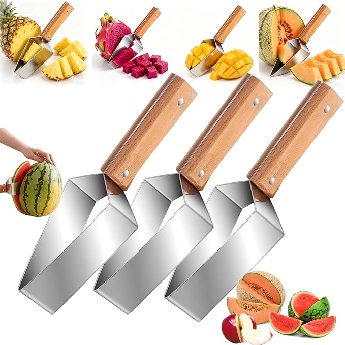 Stainless Steel Watermelon Slicer, Triangle Watermelon Cutter, Stainless Steel Melon Slicer with Wooden Handle, Fruit Divider Tool for Summer Picnic BBQ, Easy Kitchen Gadget for Cantaloupe (3 PCS)