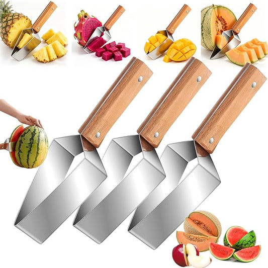Stainless Steel Watermelon Slicer, Triangle Watermelon Cutter, Stainless Steel Melon Slicer with Wooden Handle, Fruit Divider Tool for Summer Picnic BBQ, Easy Kitchen Gadget for Cantaloupe (3 PCS)