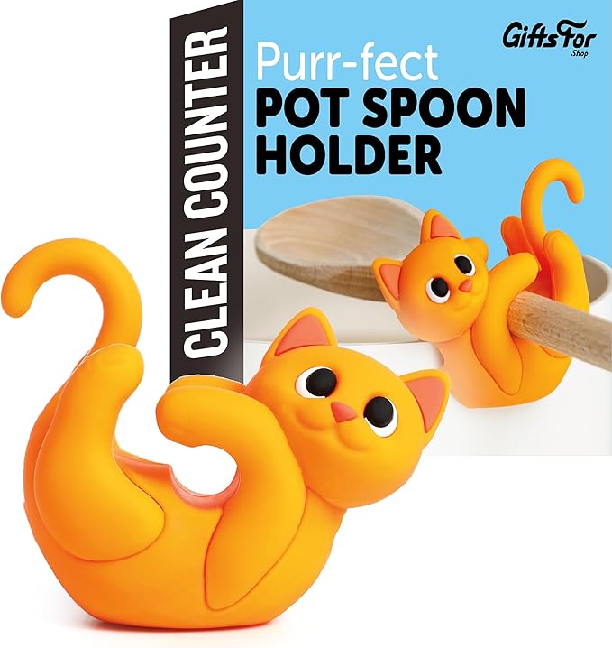 Orange Cat Spoon Rest for Stove Top – Silicone Pot Clip Utensil Holder & Lid Lifter – Funny Kitchen Gadget, Unique Orange Tabby Cat Gifts for Women – 3" x 2.5"