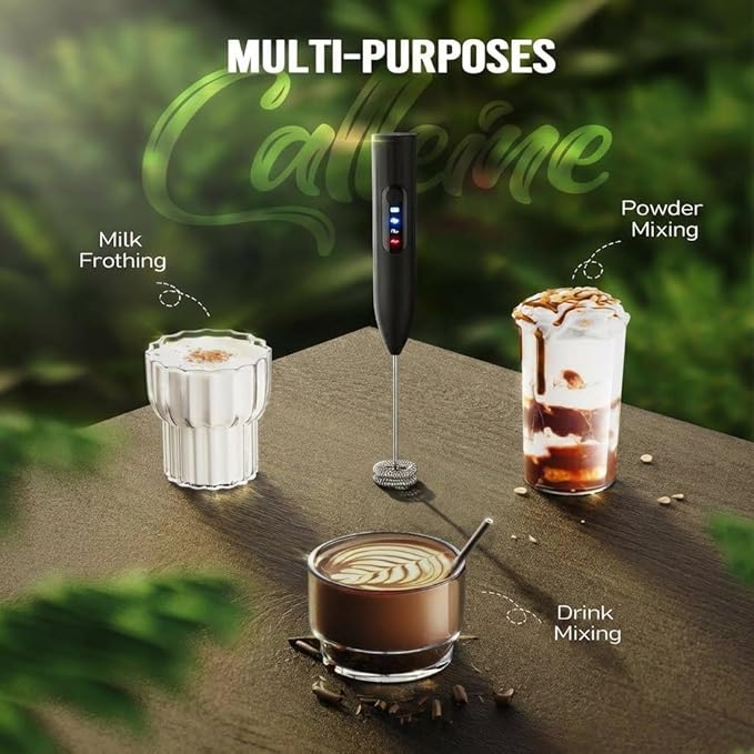 Milk Frother, Rechargeable Electric Foam Maker,Handheld Mixer with Stainless Steel Whisk, Portable Drink Mixer for Coffee Latte Cappuccino, Charging USB-C,Black