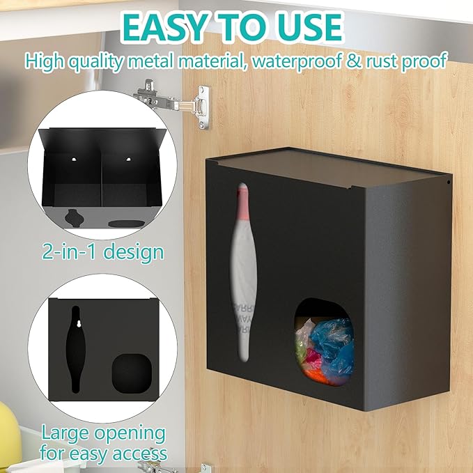 STWWO 2 in 1 Grocery Bag Holder & Trash Bag Holder Dispenser, Kitchen Grocery Storage Organizer for Cabinet, Under Sink, Wall Mounted or Countertop, Metal Black