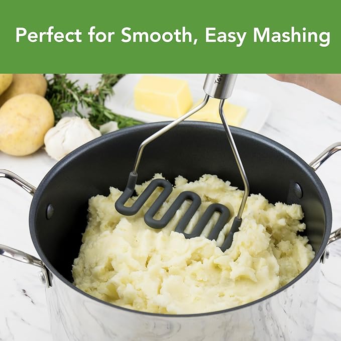 Tovolo Silicone Potato Masher Stainless Steel Handle Charcoal Gray Dishwasher Safe Heat Resistant Non Scratch Handheld Coil Wire Potato Smasher for Nonstick Pans Ergonomic Kitchen Food Prep Tool