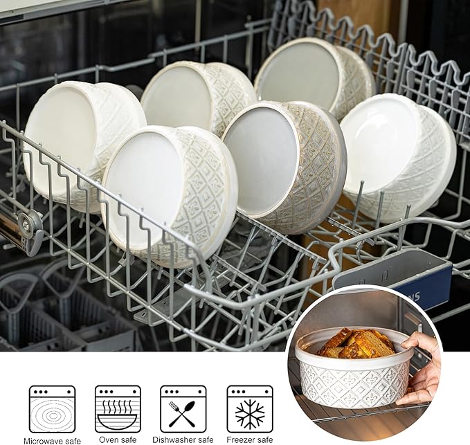 40oz Large Ceramic Mixing Bowls with Lids Set of 4, Ramekin Bowls Oven Safe, Serving Bowls with Lids, Meal Prep Containers, Airtight Food Storage Containers Set for Housewarming, White