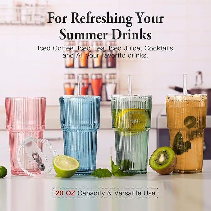 4PCS Colored Ribbed Glass Cups with Lids and Straws, 20oz Vintage Drinking Glasses, Aesthetic Iced Coffee Cups, Glass Tumbler for Boba, Beer, Tea, Cocktails, Ribbed Glassware Set,Colored