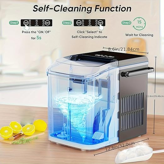 Countertop Ice Maker, Nugget Portable Ice Machine, 9 Bullet Ice Cubes in 6 Mins, 26.6lbs in 24Hrs Self-Cleaning with Handle, Basket, Scoop for Home, Kitchen/Party/Camping/RV