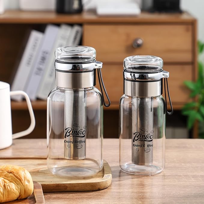 Bincoo Glass Cold Brew Coffee Maker with Extended Fine Mesh Filter, Tea Infuser Bottle Iced Coffee Maker with Thick Borosilicate Glass (500ml/17oz)