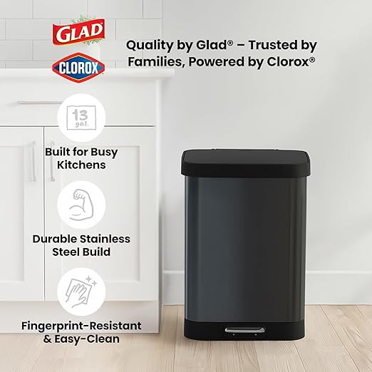 Glad 13-Gallon Stainless Steel Step Trash Can with Clorox Odor Protection, Soft Close Lid, Foot Pedal & Waste Bag Holder – Large Indoor Metal Garbage Bin for Kitchen, Home & Office Use