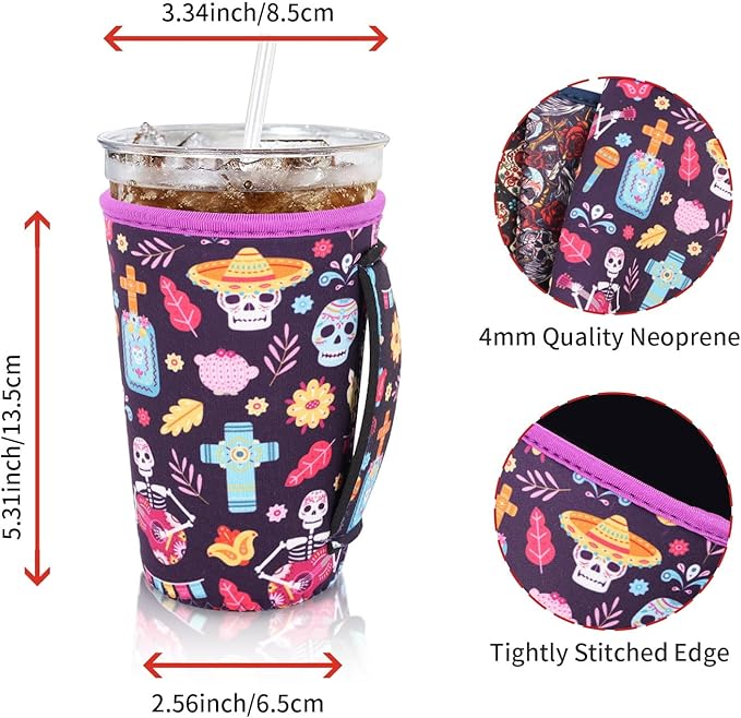 4Pack Reusable Iced Coffee Sleeve Insulator Sleeves for Cold Drinks Beverages, Neoprene Cup Holder for Most Coffee, Fits 22-24oz Medium Cups (Sugar Skull)