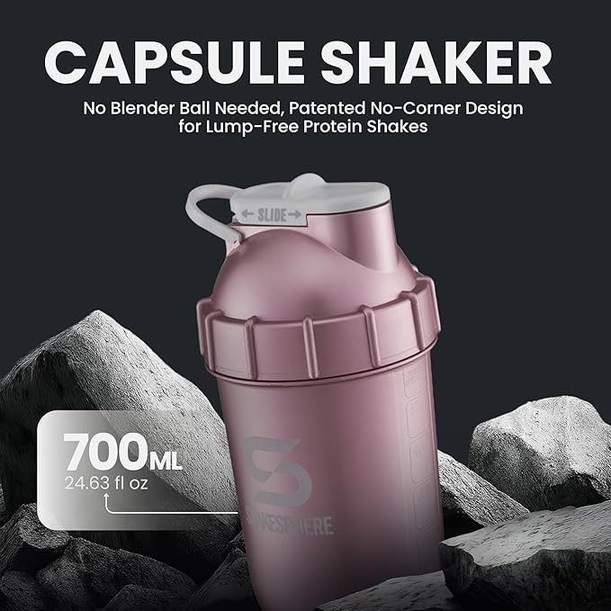 SHAKESPHERE Shaker Bottle - 24oz Leak Proof Protein Shaker Bottle for Pre Workout, Smoothie, and Powder Drink Mixes, No-Blade Mixer for Gym, BPA-Free, Easy Clean & Easy to Carry (Rose Gold)
