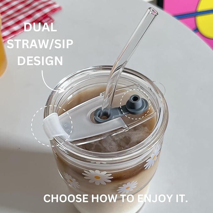 Olvini 13oz Glass Tumbler with Straw and Lid, Reusable Iced Coffee Cup Tumbler, Cute Glass Cups for Water, Matcha, Travel Coffee Mugs (Daisy)