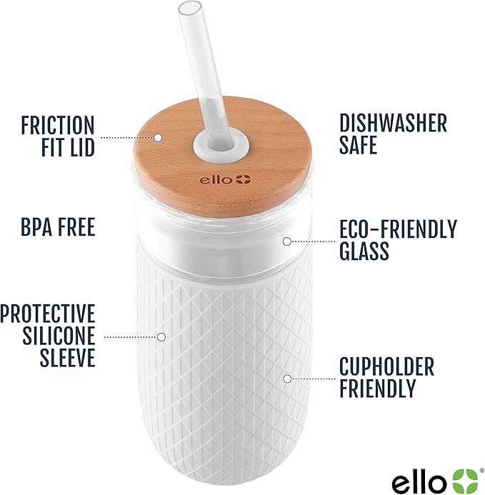 Ello Devon 18oz Glass Tumbler with Straw, Friction Fit Bamboo Wood Lid and Silicone Sleeve | Perfect for Iced Coffee, Tea, and Smoothies