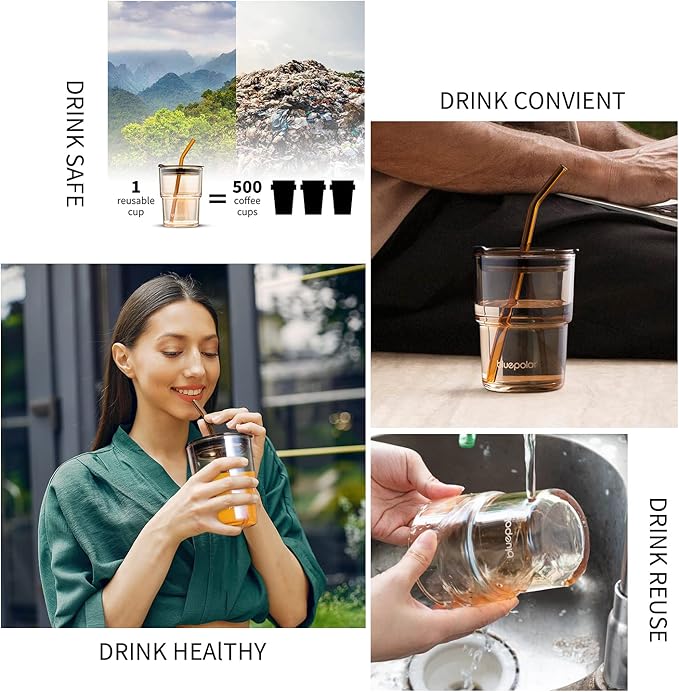 BLUEPOLAR 13oz/400ml Glass Water Tumbler with Straw and Lid Sealed Carry On Thick Wall Iced Coffee Cup Glass Cup for Water, Iced Tea Fruit Juice Etc (Amber-4Pack)