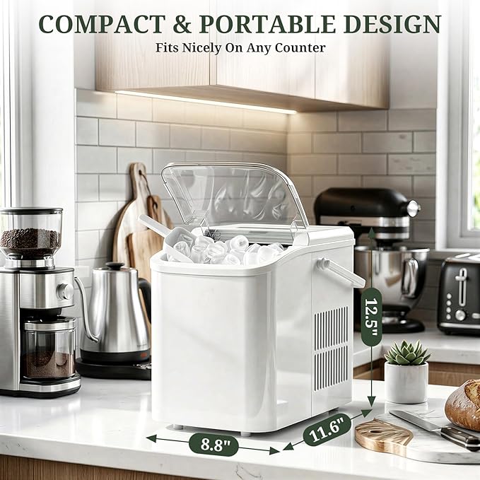 Ice Maker, Portable Ice Makers Countertop with Handle, Basket & Scoop, 26Lbs/24Hrs, 9 Bullet Ice Cubes in 6 Mins, 2 Ice Sizes, Self-Cleaning, Quiet Compact Ice Machine for Home Kitchen Party, White