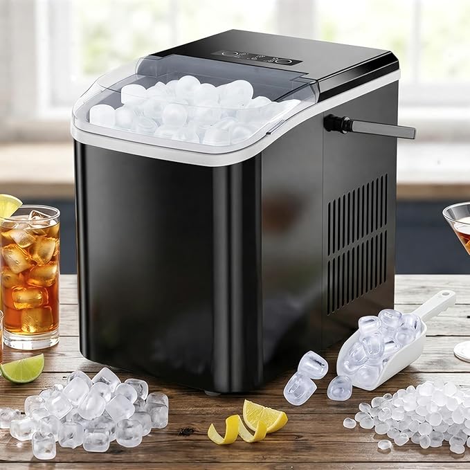 Ice Maker, Portable Ice Makers Countertop with Handle, Basket & Scoop, 26Lbs/24Hrs, 9 Bullet Ice Cubes in 6 Mins, 2 Ice Sizes, Self-Cleaning, Quiet Compact Ice Machine for Home Kitchen Party, Black