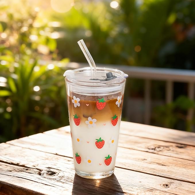 Olvini 15oz Glass Tumbler with Glass Straw and Lid, Cute Iced Coffee Cups, Aesthetic Glass Cups, Coffee Tumbler, Water Cup, Matcha Cup, Drinking Glasses (Strawberry)