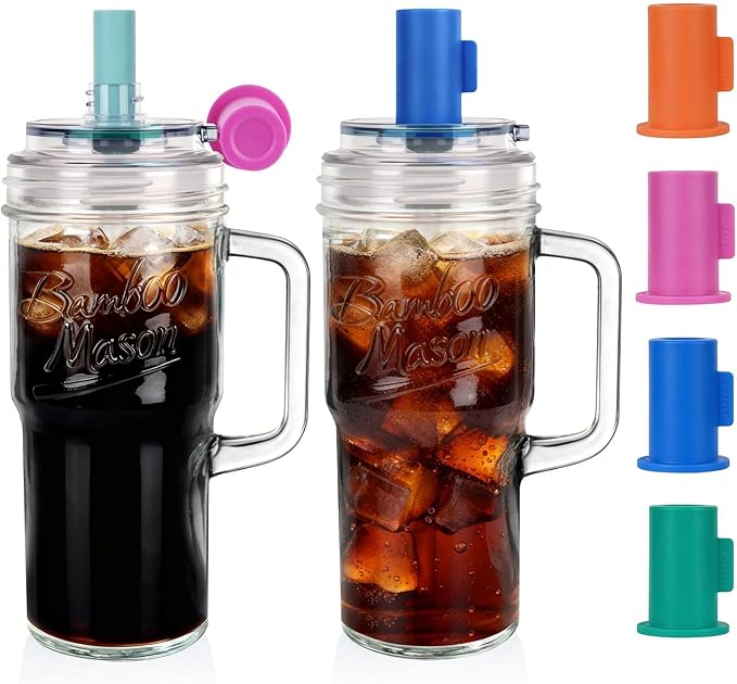 ANOTION Bamboo Mason Leakproof Mason Jar Cups with Lids and Straws, Cap Cup 24oz Glass Tumbler with Handle, Rotating Lid Silicone Straw, Reusable Iced Coffee Matcha Cup Coffee Gifts for Women 2pc